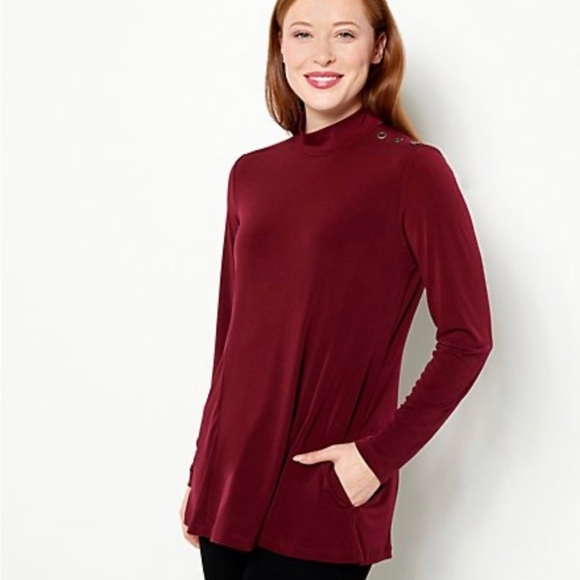Susan Graver Tops - 0303 - SUSAN GRAVER Women’s Liquid Knit Fit and Flare Mock-Neck Tunic Rich Wine